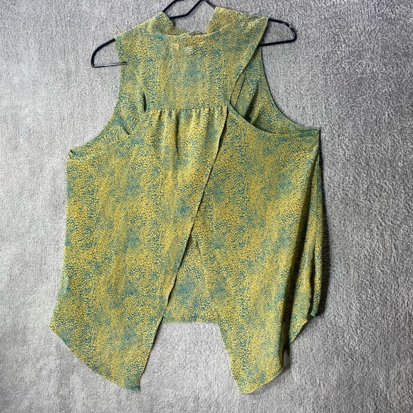 DECREE Blouse Women XL Sheer Cowl Neck Chiffon Blue Yellow Print Flowy Top Shirt - Picture 3 of 12